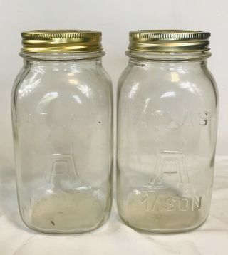 (2) Vintage Hazel Atlas H Over A Mason Quart Jars Clear Glass