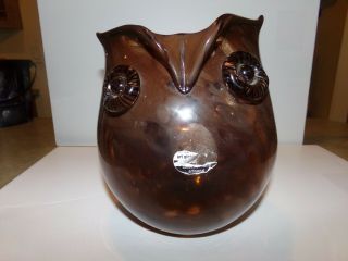 Art Glass Owl Vase Brown And Gold 7.  5 In Tall 7 In Wide