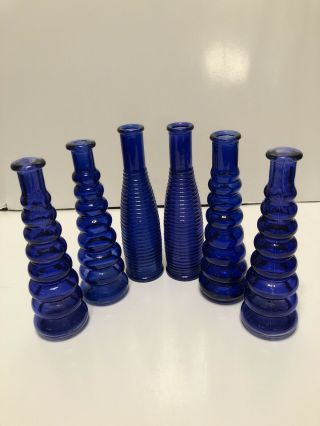6 Vintage Cobalt Blue Glass Bud Vases 7” Tall Ribbed And Behave Design