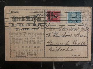 1923 Berlin Germany Inflation Postcard Cover To Prospect Australia Philatelic Ad