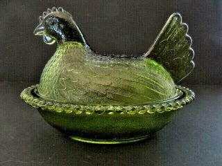Vintage Indiana Glass Hen On Nest Green Chicken Covered Candy Dish