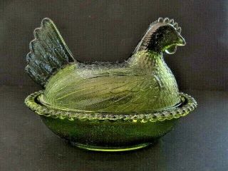 Vintage Indiana Glass Hen on Nest Green Chicken Covered Candy Dish 2