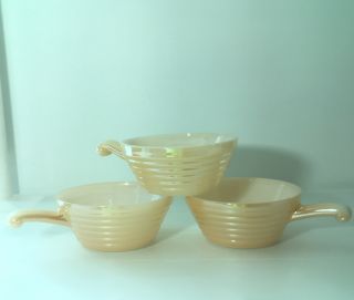 3 Vintage Fire King Oven Ware Peach Lustre Beehive Soup Chili Bowls W/ Handles