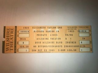1980 Elizabeth Taylor Richard Burton Full Size Concert Ticket