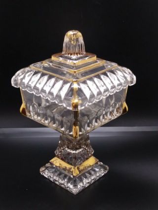 Vintage Jeanette Glass Square Pedestal Candy Dish Wedding Cake Box Clear Gold