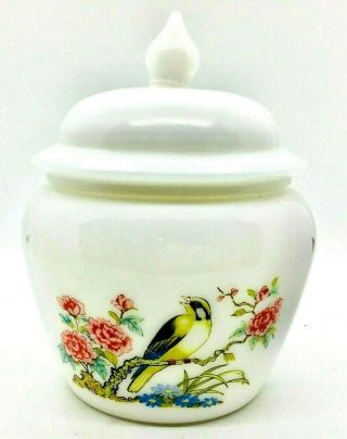 Vintage Avon White Milk Glass Apothecary Jar W/lid Bird & Flowers On Jar