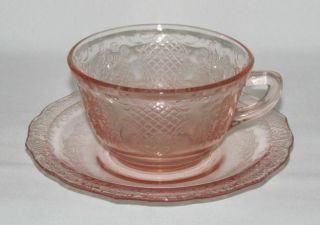 Federal Glass Normandie " Bouquet And Lattice " Pink Cup And Saucer Set