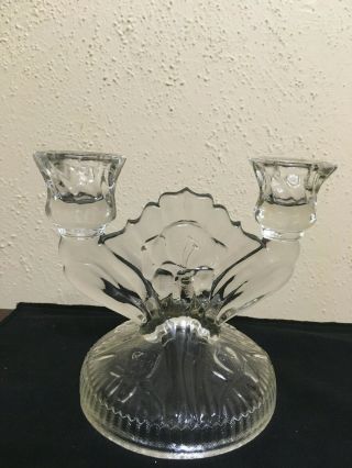 Jeannette Depression Glass Iris & Herringbone Clear Double Candle Stick Holder