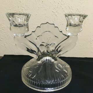 Jeannette Depression Glass Iris & Herringbone Clear Double Candle Stick Holder 2