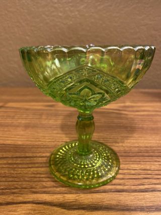 Vintage Indiana Tiara Flower Medallion Green Carnival Glass Compote 5”