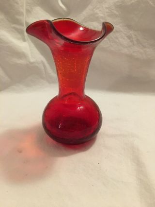 Vintage Crackle Hand Blown Art Glass Red Vase