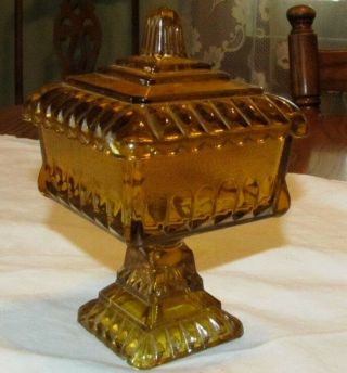 Vintage Yellow Amber Glass Square Candy Dish Lidded Footed Pedestal