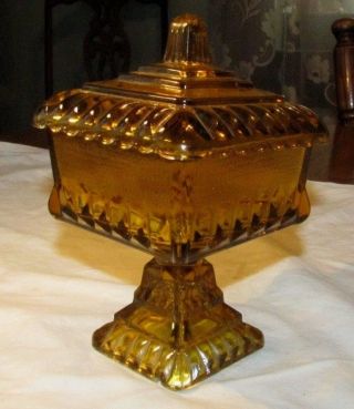Vintage Yellow Amber Glass Square Candy Dish Lidded Footed Pedestal 2