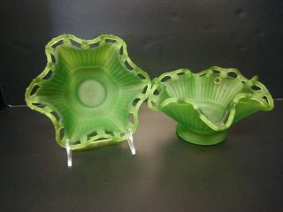 Two Vintage Westmoreland Green Satin Mist Glass Doric Lace Candy Bowl