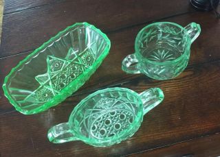 U S Glass Green Floral And Diamond Band Depression Glass Set Of 3