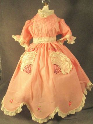 Vintage Dress For 17 " - 18 " Bisque Doll - Pink Cotton W/embroidery & Lace