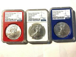 2019 - (w) American Silver Eagle - Ngc Ms70 - Early Releases - Red - White - Blue Set