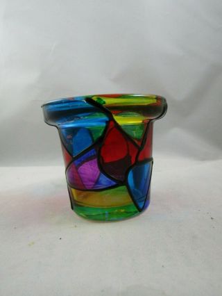 Vintage Art Glass Bottle - Candleholder - Faux Stain Glass Design 3.  0 " Tall