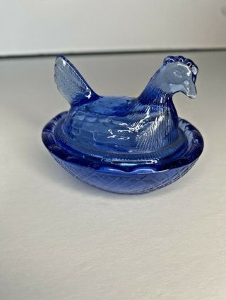 Cobalt Blue Glass Miniature Hen On Nest Salt Cellar Trinket Box 2.  5” Adorable