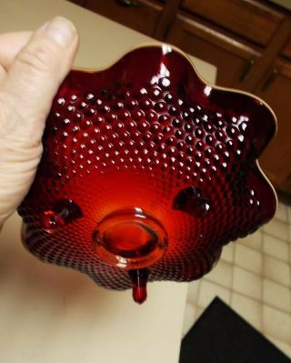 Vintage Ruby Red Glass Candy Dish Ruffled Top Raised Small Dot Pattern