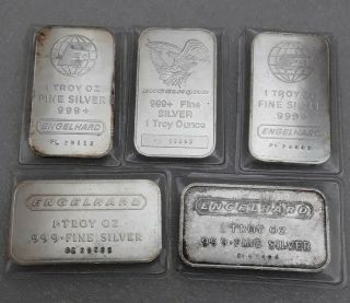 Wow (5) Engelhard Bars 1 Troy Oz.  999 Silver Each One A Different Variation