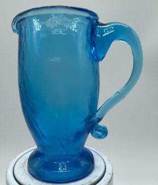 Ocean Blue Small Vintage Hand Blown Handled Art Glass Mini Pitcher