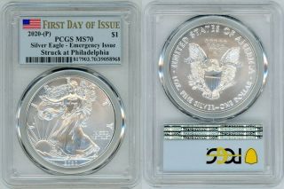 2020 (p) Silver American Eagle $1 Emergency Pcgs Ms70 First Day Of Issue 6