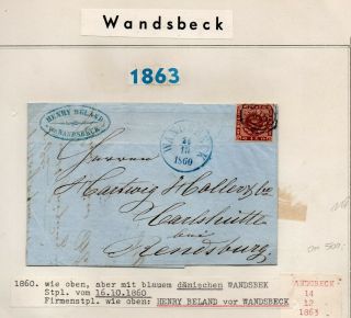 Denmark/germany: 4 Sk On Cover Blue Wandsbeck Ringcancellation 146,  1860.  Scarce
