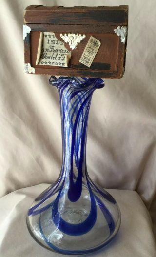 Vintage Hand Blown Clear Glass Cobalt Blue Swirl Squat Vase W/ Pontil Mark