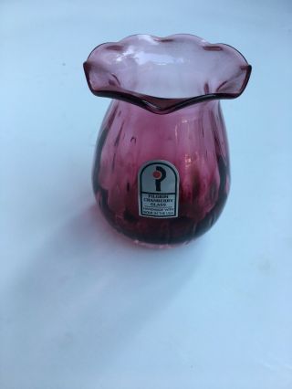 Pilgrim Cranberry Glass Handmade Blown Vase With Clear Ruffle Collar