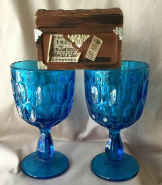 Vtg Fenton Colonial Blue Peacock Thumbprint Pair Wine Goblets Glasses Wow