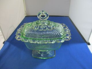 Vtg.  Indiana Open Lace Depression Glass Green Pedestal Candy Dish Compote W/ Lid