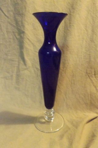 Vintage Antique Hand Blown Cobalt Blue 8 " Glass Bud Vase Clear Base W Bubbles