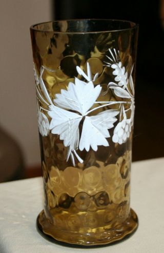 Vintage Antique Bohemian Czech Enameled Art Glass Vase Amber Strawberries