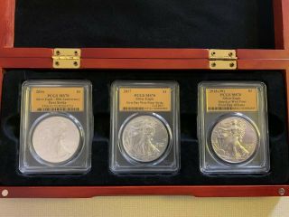 $1 2016 2017 2018 - W Pcgs Ms70 Silver American Eagles,  3 Coin Set Rare Gold Foil