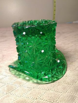 Vintage Vibrant Emerald Green 2.  5 Daisy & Button Glass Top Hat Toothpick Holder 2