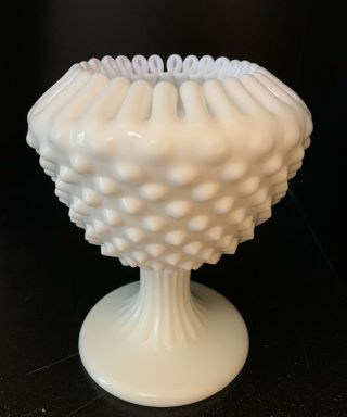 Milk Glass Compote Pedestal Bowl Vase Ruffled Hobnail Fenton ? Vintage