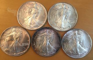 5 - American Silver Eagle Coins Each - 1 Oz.  999 Pure 2 - 1986 & 3 - 1987