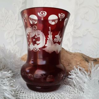 Bohemian Glass Vase Ruby Red Cut To Clear Glass Etched Vase
