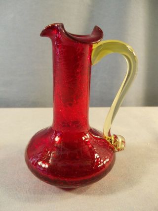 Small Red Crackle Glass Pitcher 4 3/8 " Tall