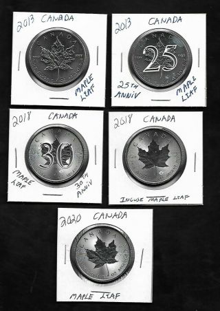 5 X Canadian Maple Leaf 1 Oz Silver (2013,  2013 - 25th,  2018 30th,  2018 & 2020)