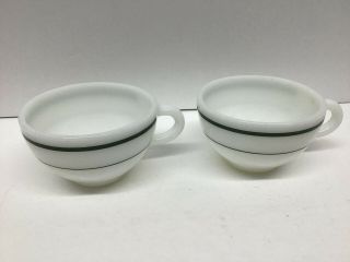 Vintage Anchor Hocking White Milk Glass Cups With Green Stripe - Set Of 2