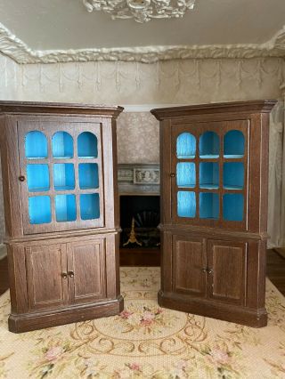 Vintage Miniature Dollhouse Artisan Southwestern Pair Wood Glass Corner Cabinets