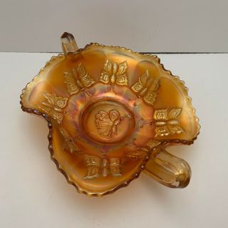 Vintage Marigold Butterfly Carnival Glass Bon Bon Ruffled Edge Dish Bowl