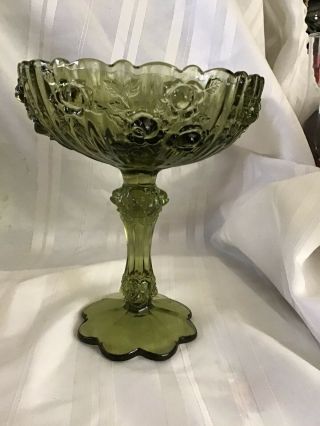 Vintage Fenton Green Glass Cabbage Rose Pattern Pedestal Compote 7 - 1/2” Tall
