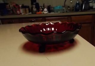Vintage Ruby Red Glass Candy Dish Footed Ribbed Pattern Inside