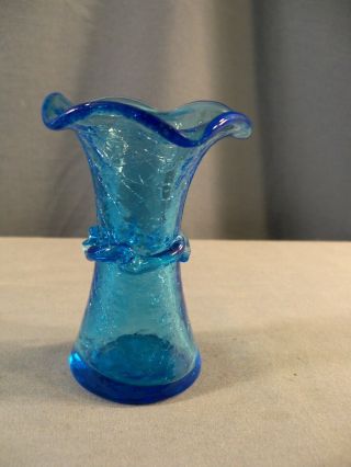 Small Blue Crackle Glass Wheat Vase 3 1/2 " Tall