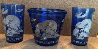 Vintage Hazel Atlas Cobalt Blue Ice Bucket Windmill Depression & 2 4 - 5/8” Glass