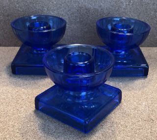 3 Vintage Depression Era Cobalt Blue Glass Candle Holders Square Base 2 - 3/8”