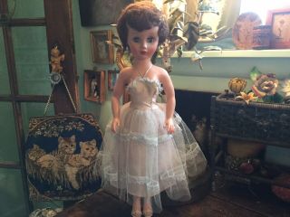 Vintage 19” Hard Plastic Sleepy Eye Doll In Pink With Tulle Prom Dress & Heels
